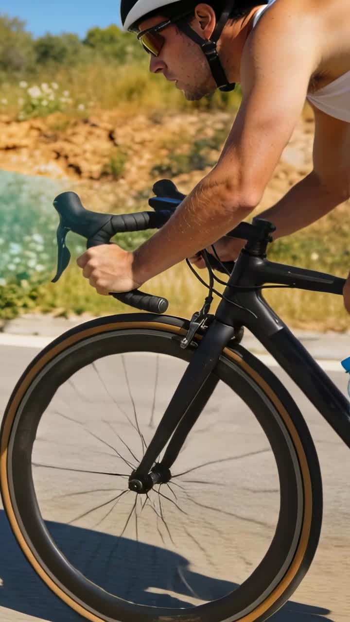 Video verticale: Ciclista in canottiera bianca con gocce, appoggiato a una strada assolata con una borraccia.