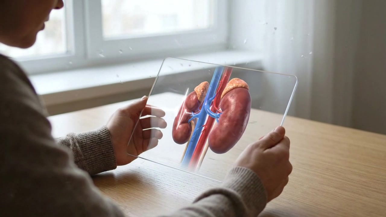 Doctor Examining 3D Holographic Model of Human Kidneys