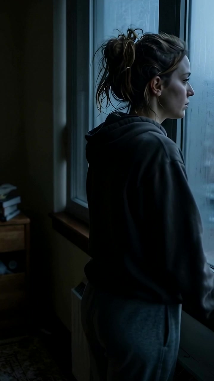 Video verticale: Donna incappucciata che si appoggia, con la pioggia che cade, prova una maniglia, si strofina la fronte, pensierosa a casa.
