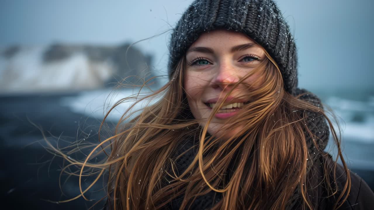 Riprese ravvicinate di una giovane donna sorridente che indossa un caldo cappello di lana e una giacca invernale, con i capelli mossi dal vento e fiocchi di neve, all'aperto in una fredda giornata nevosa
