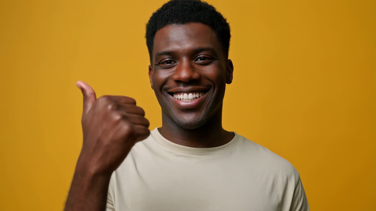 Smiling African American man giving a thumbs-up gesture on a yellow background