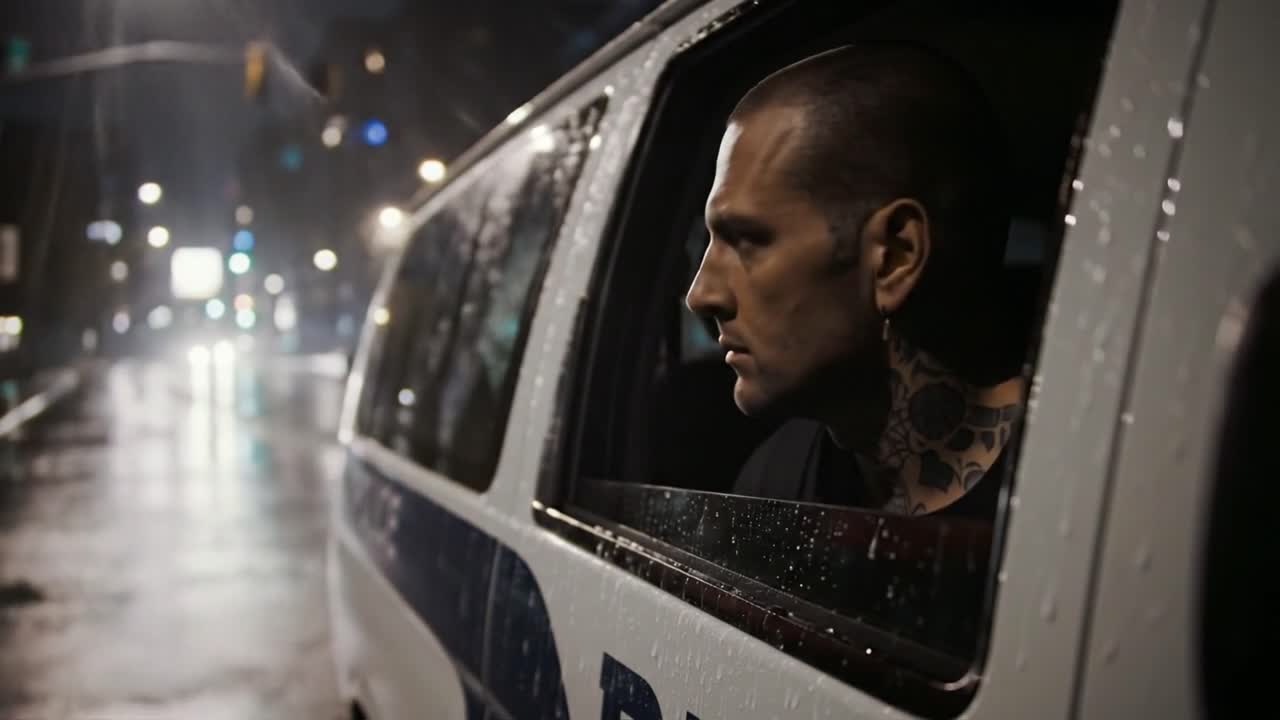 A man with tattoos stares contemplatively through the open window of a police van on a rain-soaked street. The city lights reflect off wet surfaces, creating a somber mood.