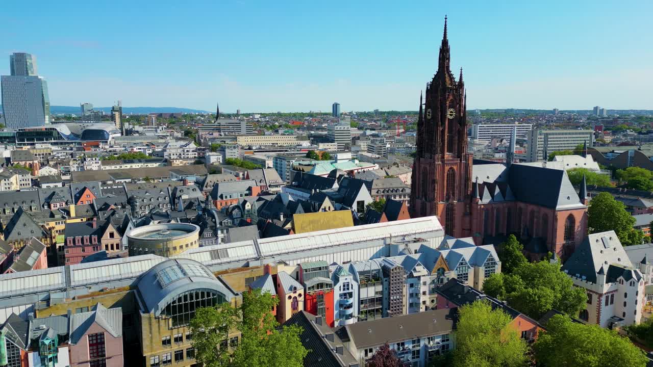 4K Aerial Drone Video of the Clock Tower of the Historic Kaiserdom St. Bartholomäus Church in Downtown Frankfurt, Germany