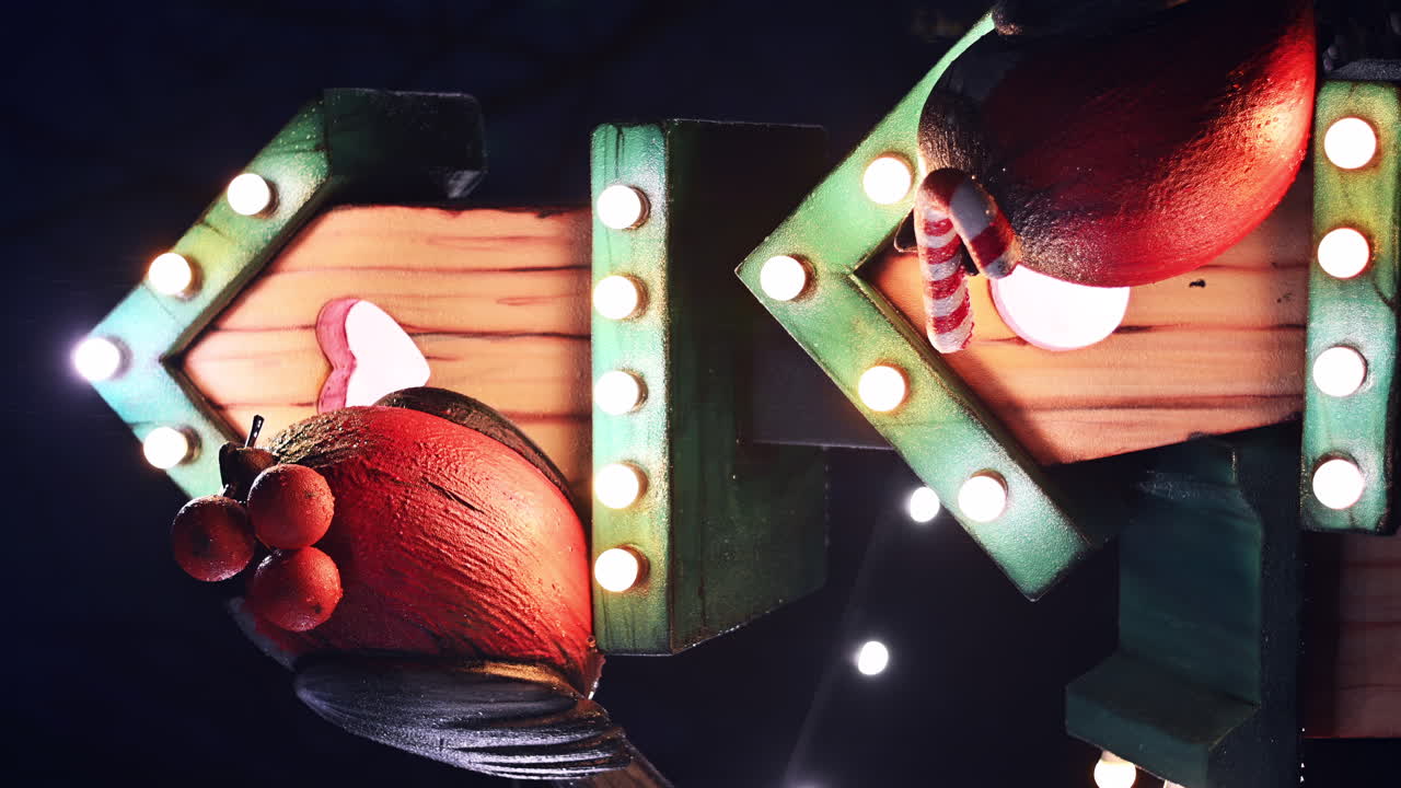 Brightly colored fruit decorations and glowing lights create a joyful atmosphere at a seasonal display, capturing the essence of holiday celebrations and cheer