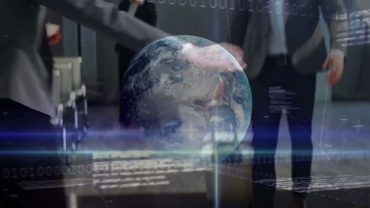Animation of data processing and globe over diverse business people at airport