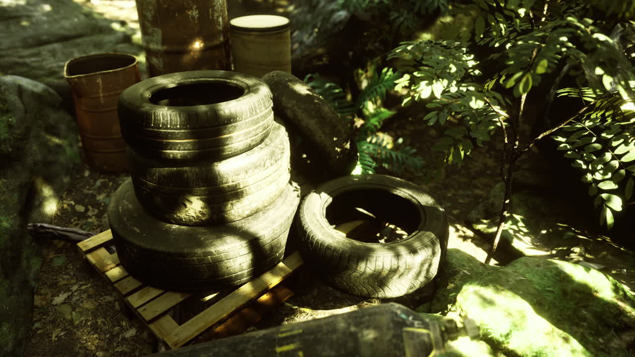Old tires and barrels are stacked in a forested area near a rocky path
