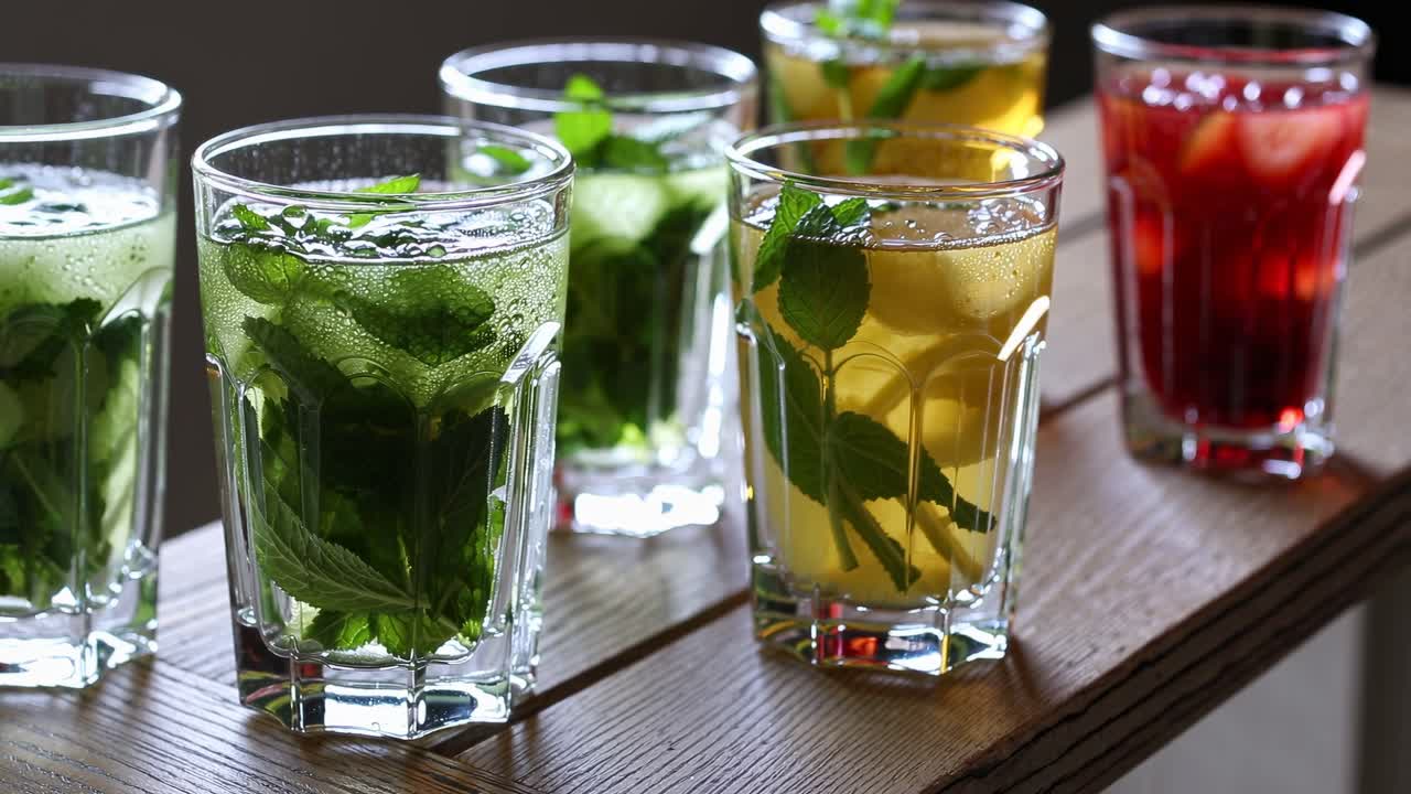 Bevande colorate con foglie di menta in bicchieri su un tavolo di legno.