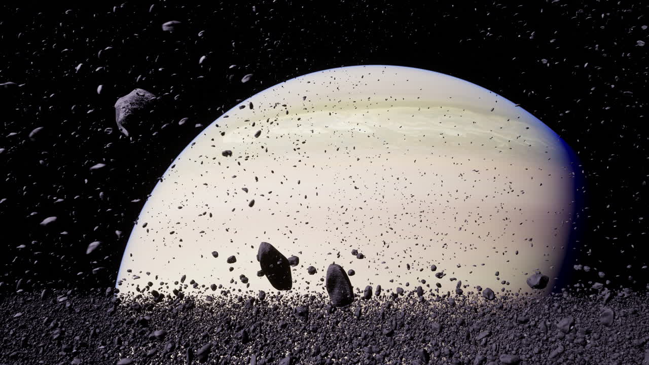 Saturn surrounded by asteroid belt in a celestial setting