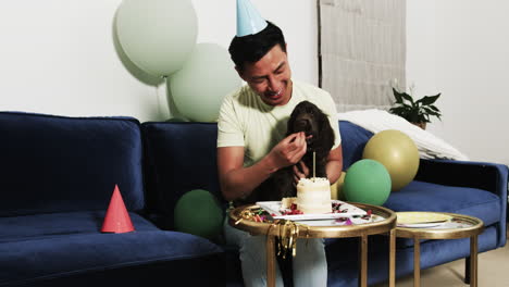 celebrating birthday, asian man with dog enjoying cake at home party