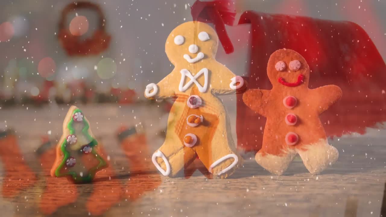 Animation of snow falling over christmas cookies