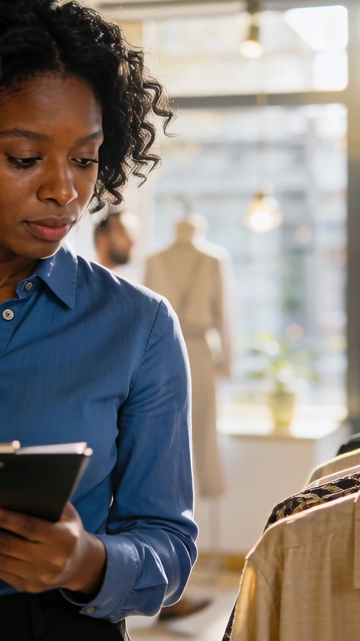 Vertical video: Scanning associate blue-shirt dark-pants marking clipboard for stock at shop rack