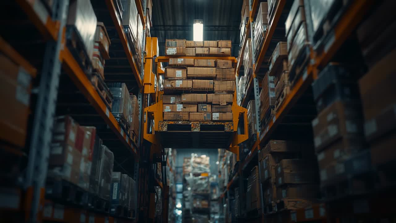 Automated order picker activating lift and lifting loaded pallet into shelf slot in warehouse racks