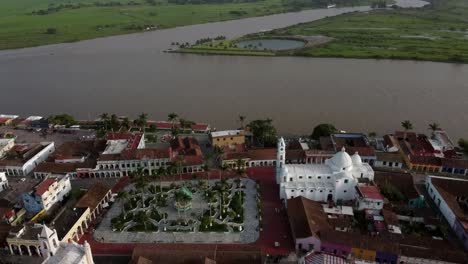 aerial drone shot of the papaloapan river and the center of tlacotalpan, veracruz