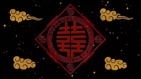 lunar new year, spring festival background with double happiness, simbol, clouds, glittering stars. chinese new year black night backdrop for event. 3d rendering animation. seamless loop 4k video