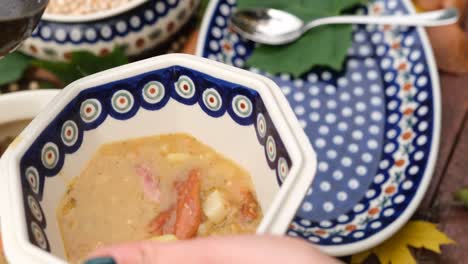 Woman-hands-putting-pea-soup-in-a-white-bowl,-close-up-view-from-above