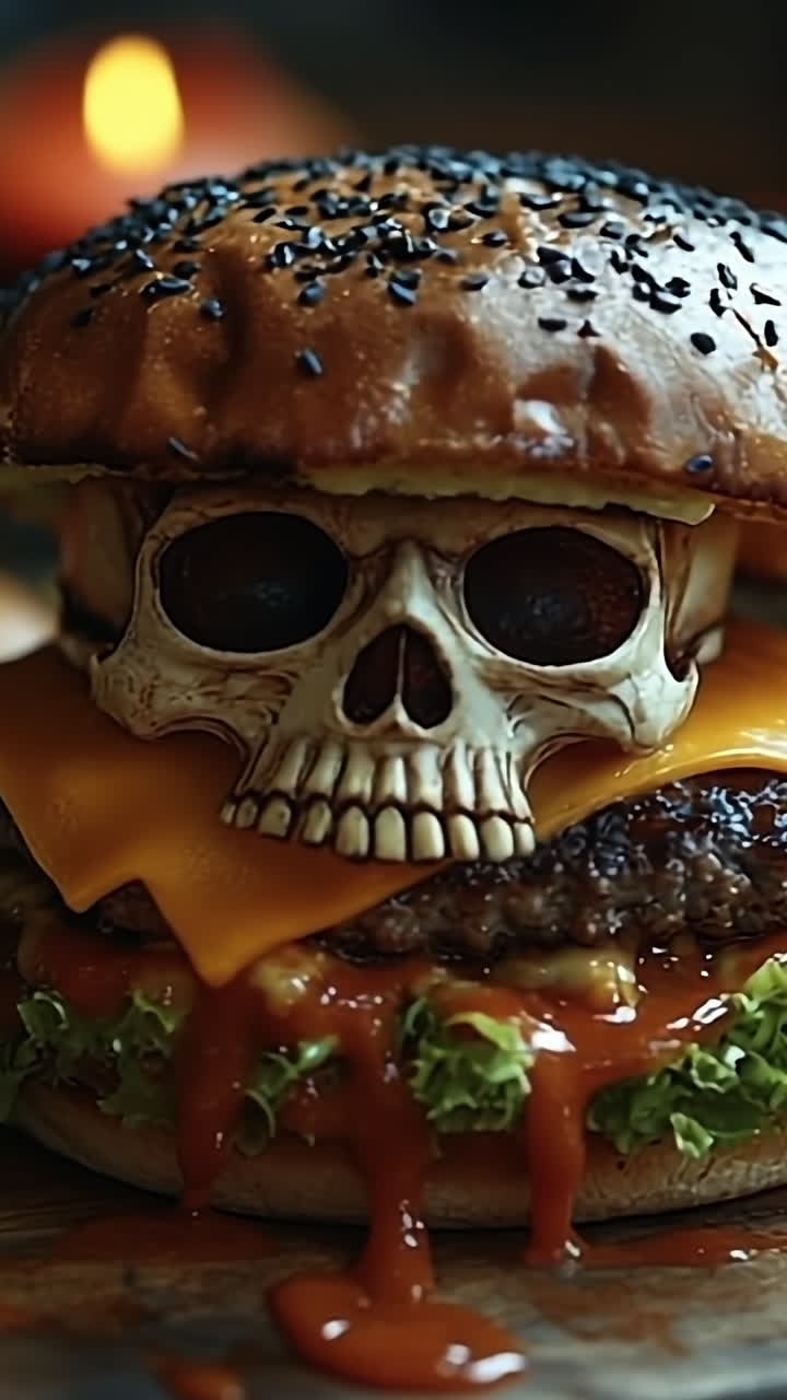Skull burger at Halloween celebration. A creative burger features a skull shaped cheese topping, surrounded by festive decorations like pumpkins and candles.