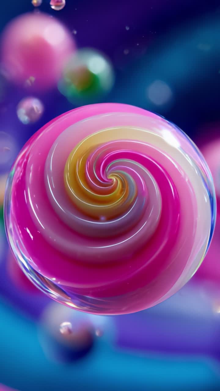 Motivi a spirale vivaci e sfere colorate che fluttuano in uno sfondo onirico blu e viola con bolle che migliorano la profondità e l'interesse visivo