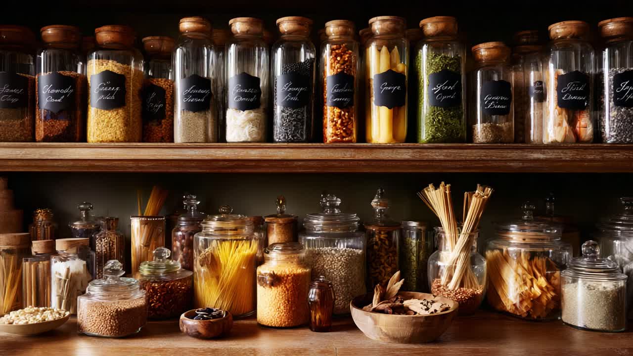 Aromatic Spices and Pastas: A Beautifully Organized Spice Rack with Jars Holding Various Spices, Lentils, and Pasta, Perfect for Culinary Inspirations and Home Cooking Aesthetics