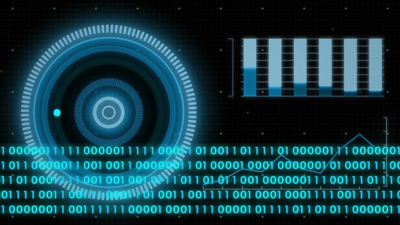 Animation of binary data and data loading ring on interface screen with black background