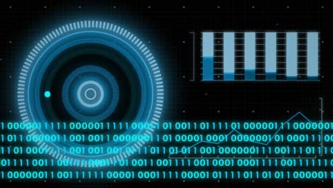 Animation-of-binary-data-and-data-loading-ring-on-interface-screen-with-black-background