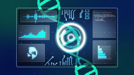 Animation of dna strand spinning, scope scanning and scientific data processing on screens