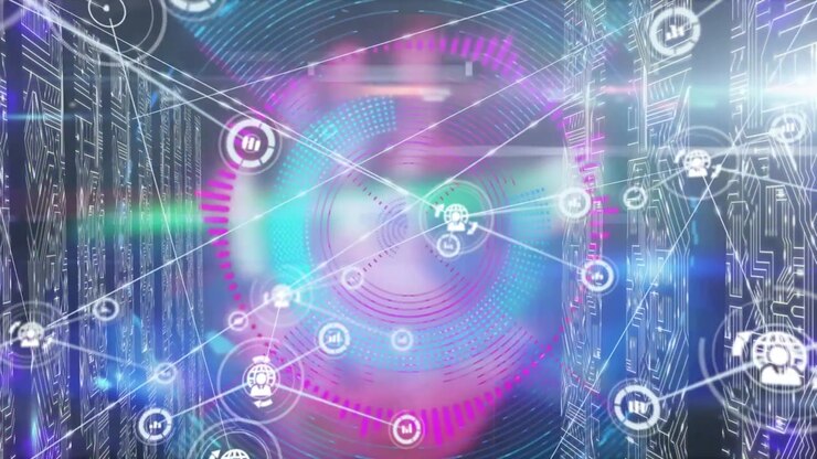 Animation of network of connections with icons over shapes