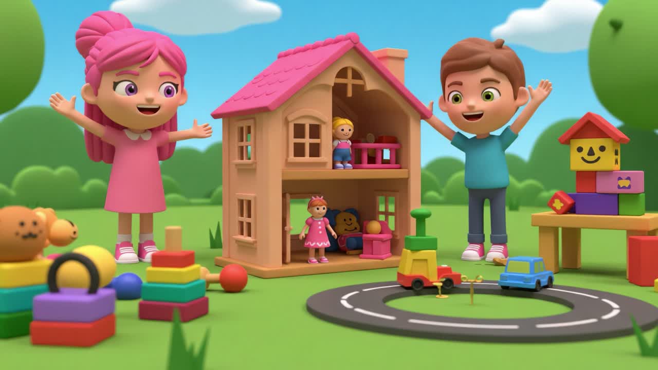 Colorful Playtime Adventure: Two Animated Children Enthusiastically Interact with Their Toy House and Surrounding Play Area Filled with Various Fun Learning Toys