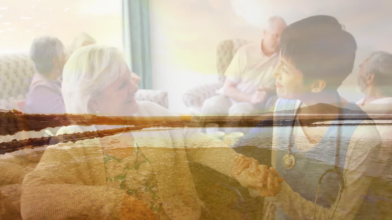 코카시안 시니어 여성과 남성과 여성 의사의 해양 풍경의 애니메이션