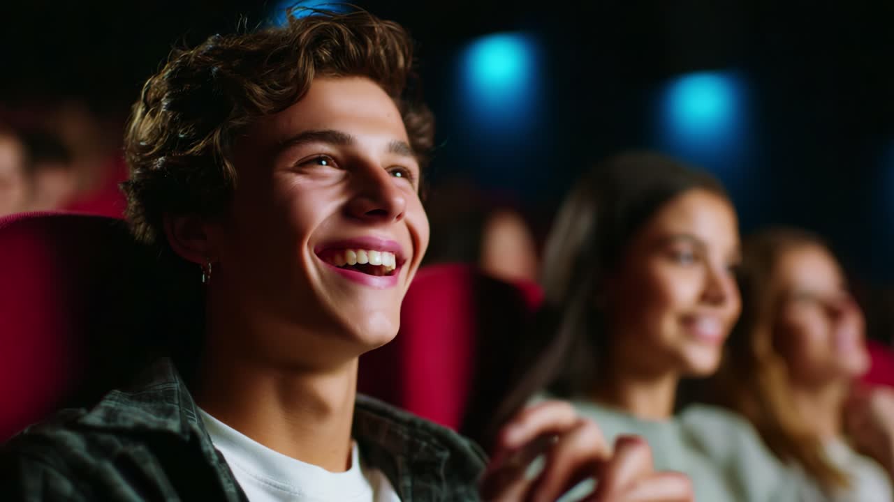 Joyful Expressions in a Movie Theater: A Young Man and Friends Enjoying the Cinematic Experience Together, Capturing the Magic of Laughter and Shared Moments in the Audience