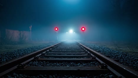 a mysterious journey through fog: captivating views of a distant train approaching along a dimly lit railroad track at night