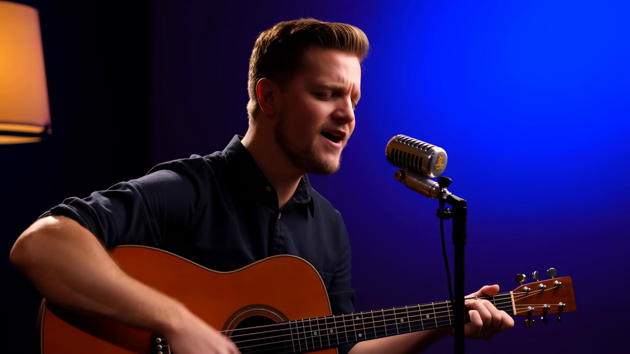 White Male Singer With Guitar Records Intimate Acoustic Session In Moody Studio Lighting, Vintage Microphone