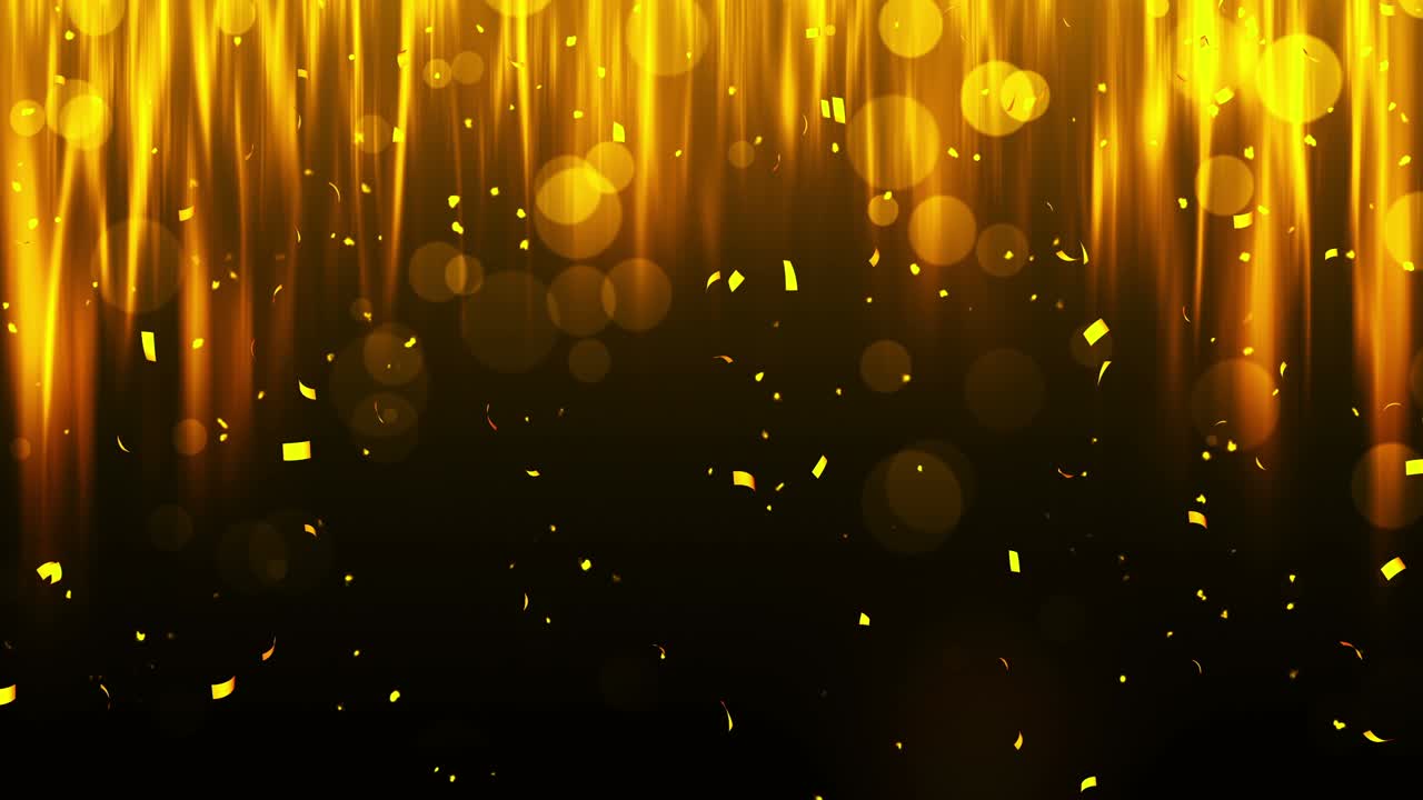 반이는 황금색 콩페티, 황금색의 밝은 축제 틴셀, 검은색 배경에 보케 조명, 반이는 파동 디자인, 루프 애니메이션, 텍스트를 복사하는 공간.