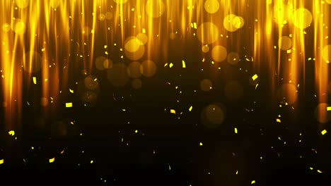 falling shiny golden confetti. bright festive tinsel of gold color. bokeh lights on black background. shining waves design. loop animation. copy space for text.