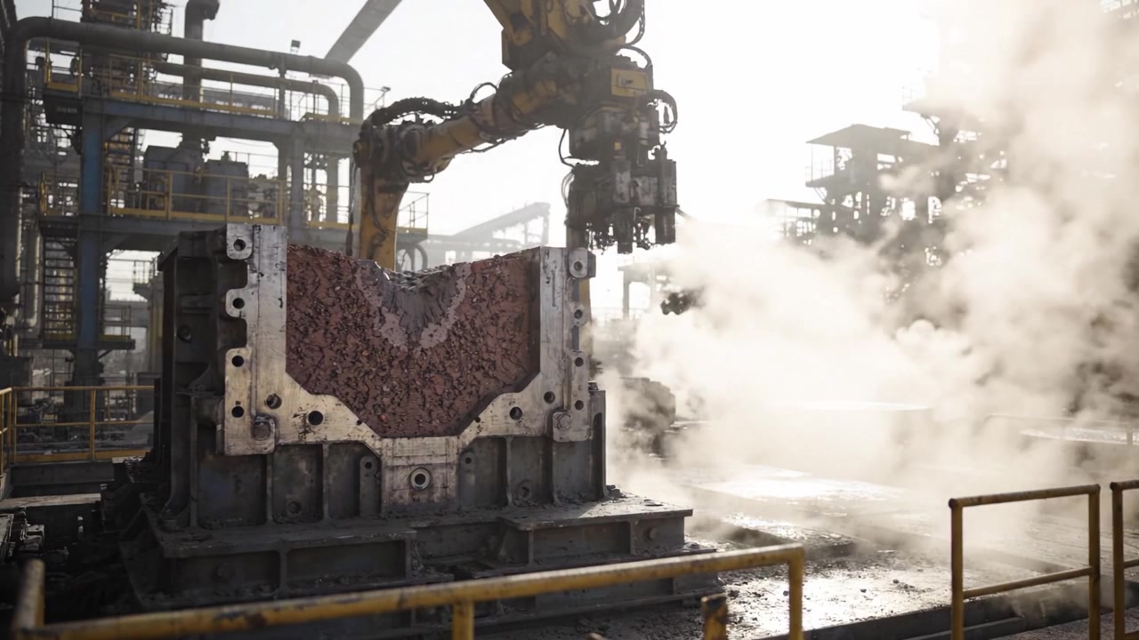 Industrial Manufacturing Process in a Factory: Heavy Machinery and High-Tech Equipment Engaged in Producing Metal Components Amidst Steam and Atmospheric Conditions
