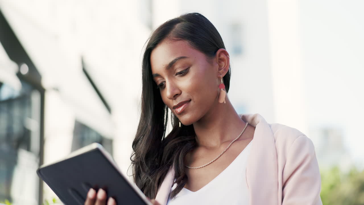Business woman, tablet and scrolling in the city