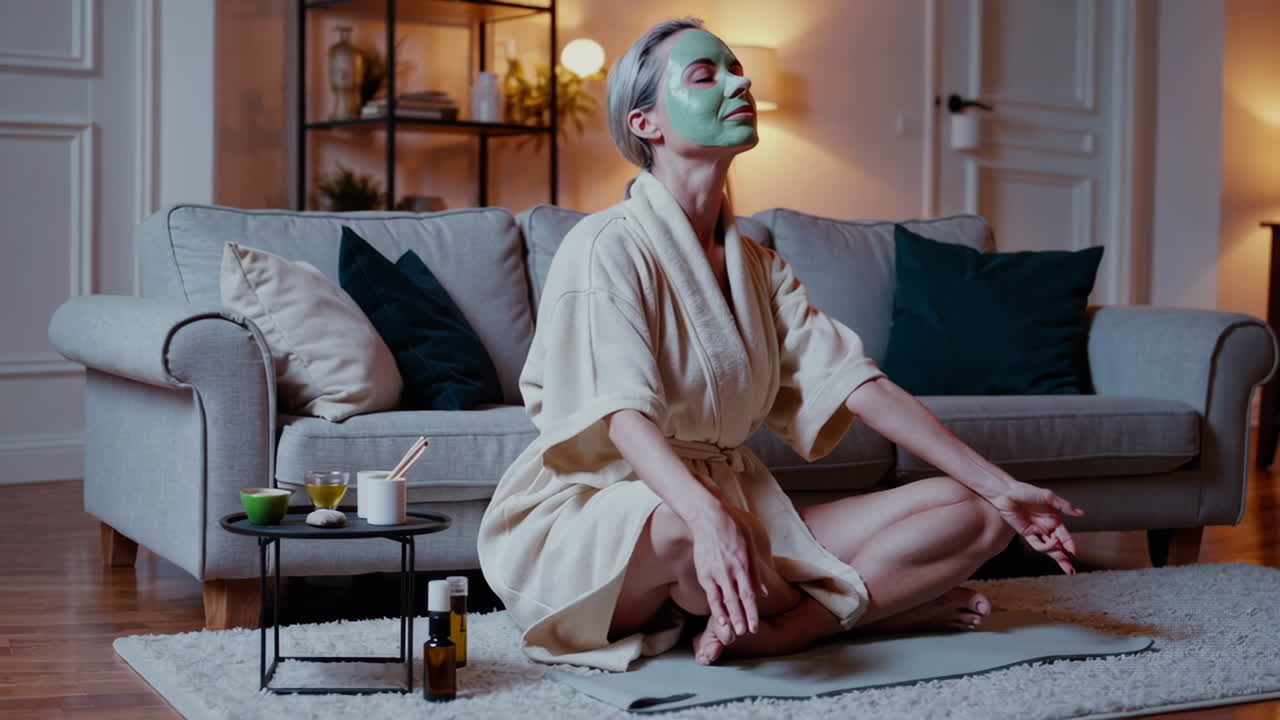 Woman with Face Mask Relaxing and Meditating at Home