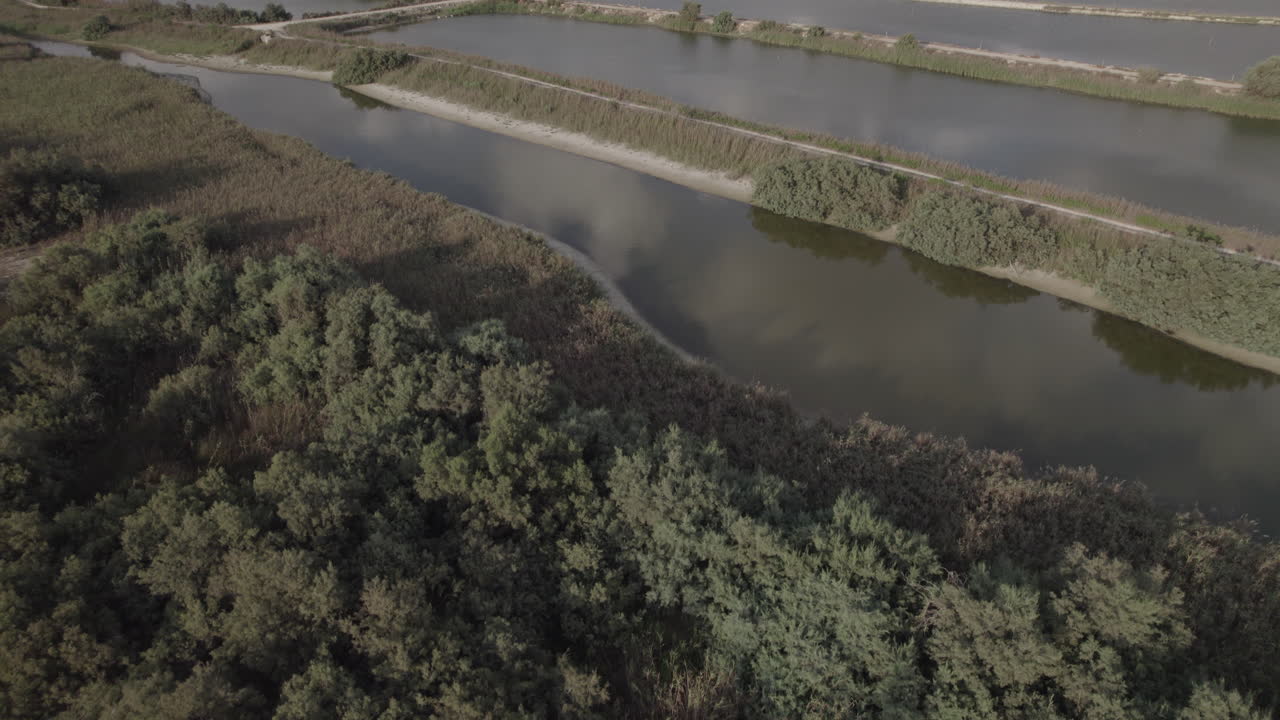 вид с воздуха на рыбные пруды на краю естественного озера у подножия гор, обширного и зеленого природного заповедника, рядом с пляжем-1