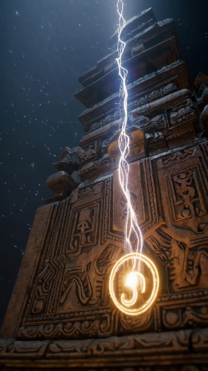 Ancient Temple Illuminated by Lightning
