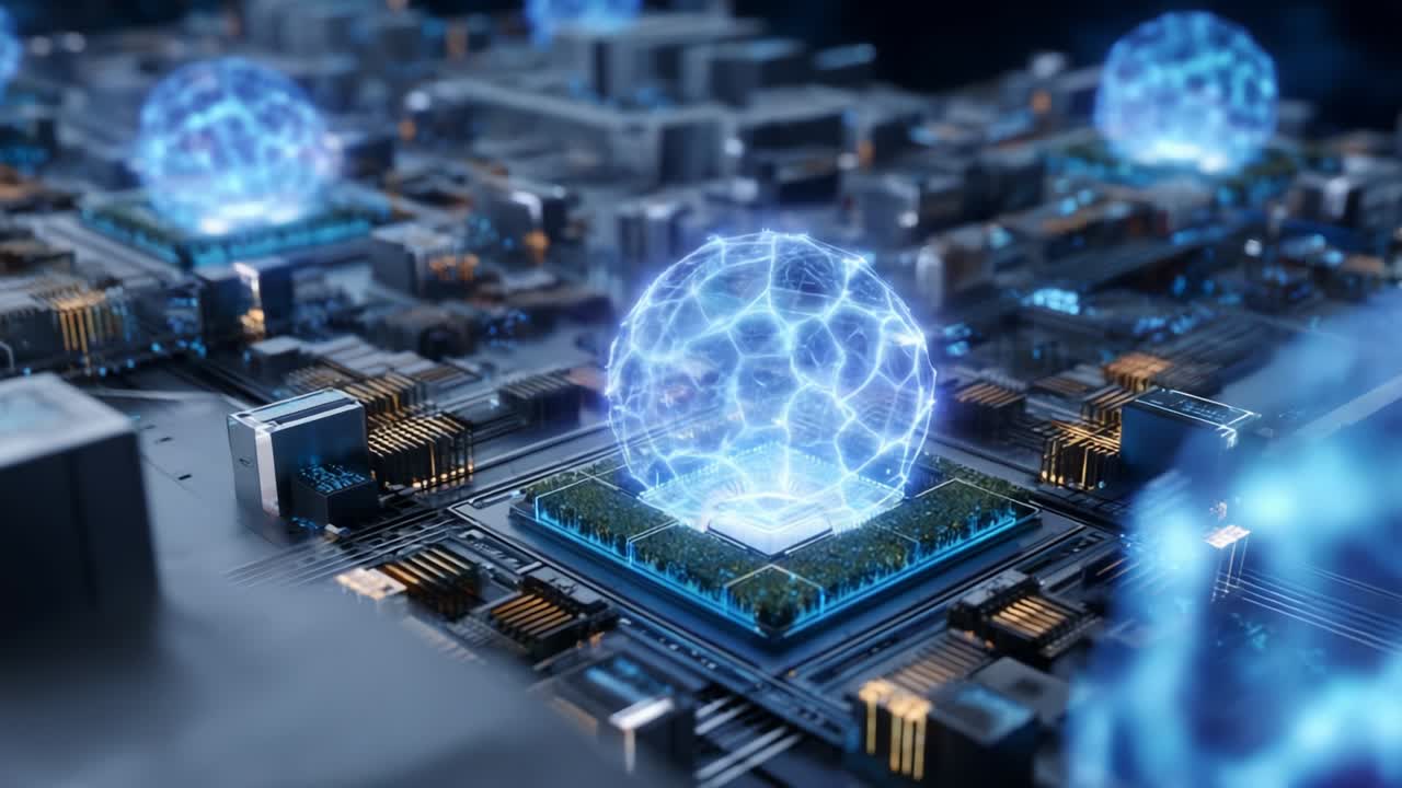 A futuristic depiction of advanced technology showcasing intricate microchips and glowing energy spheres, emphasizing innovation in electronics and data processing in a vibrant, digital landscape