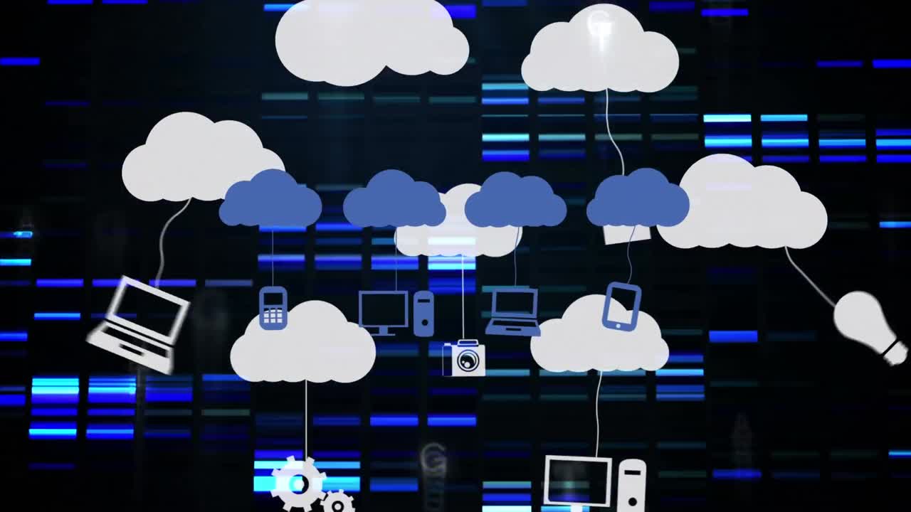 animación de nubes con iconos sobre columnas en movimiento
