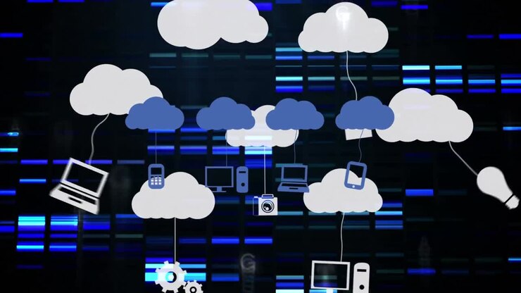 Animation of clouds with icons over moving columns