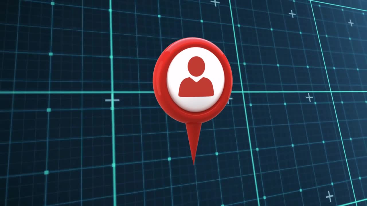 Red 3D pin emerging on teal wireframe grid and scaling onto axes highlighting user position