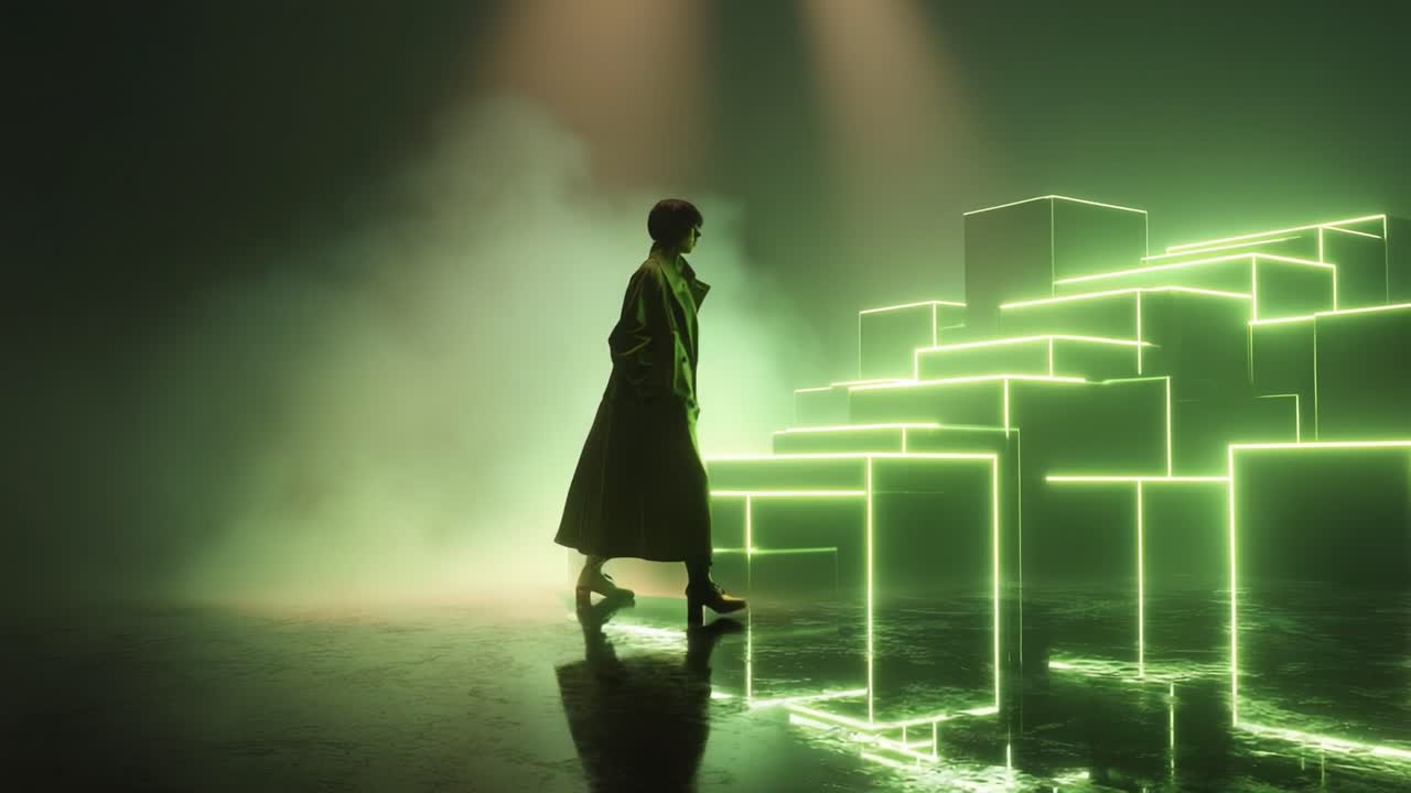 A solitary figure in a sleek green trench coat stands amidst glowing neon cubes, illuminated by dim lighting, creating a captivating contrast in a mystical and futuristic atmosphere