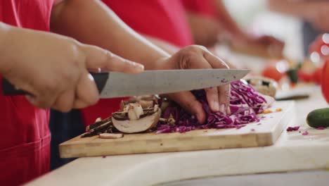 hands of senior biracial woman chopping red cabbage, preparing food with friends, slow motion