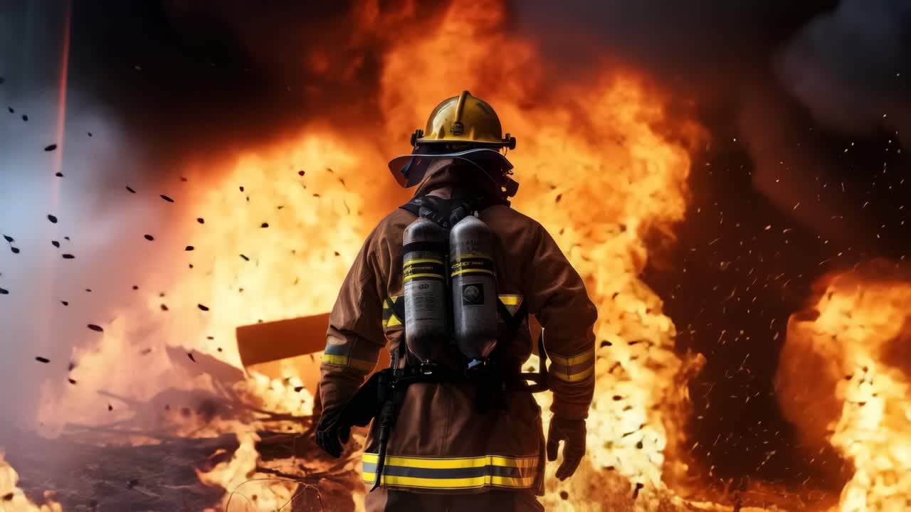 Fermo immagine drammatico da video di un pompiere ripreso da dietro, di fronte a fiamme intense.