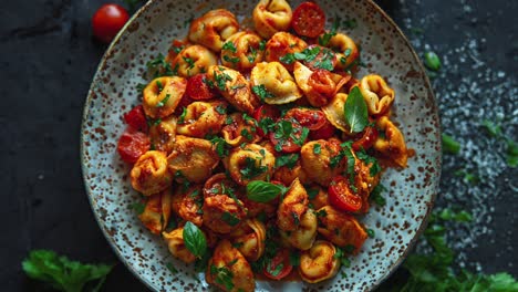 close-up of delicious tortellini pasta with tomatoes and herbs