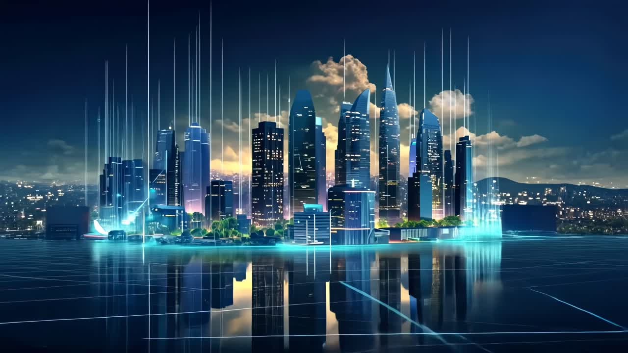 Futuristic cityscape video with glowing skyscrapers, viewed from a low angle