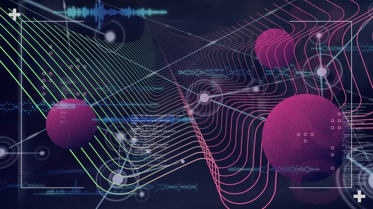 Animation of purple circles, 3d abstract net, connecting dots on digital interface