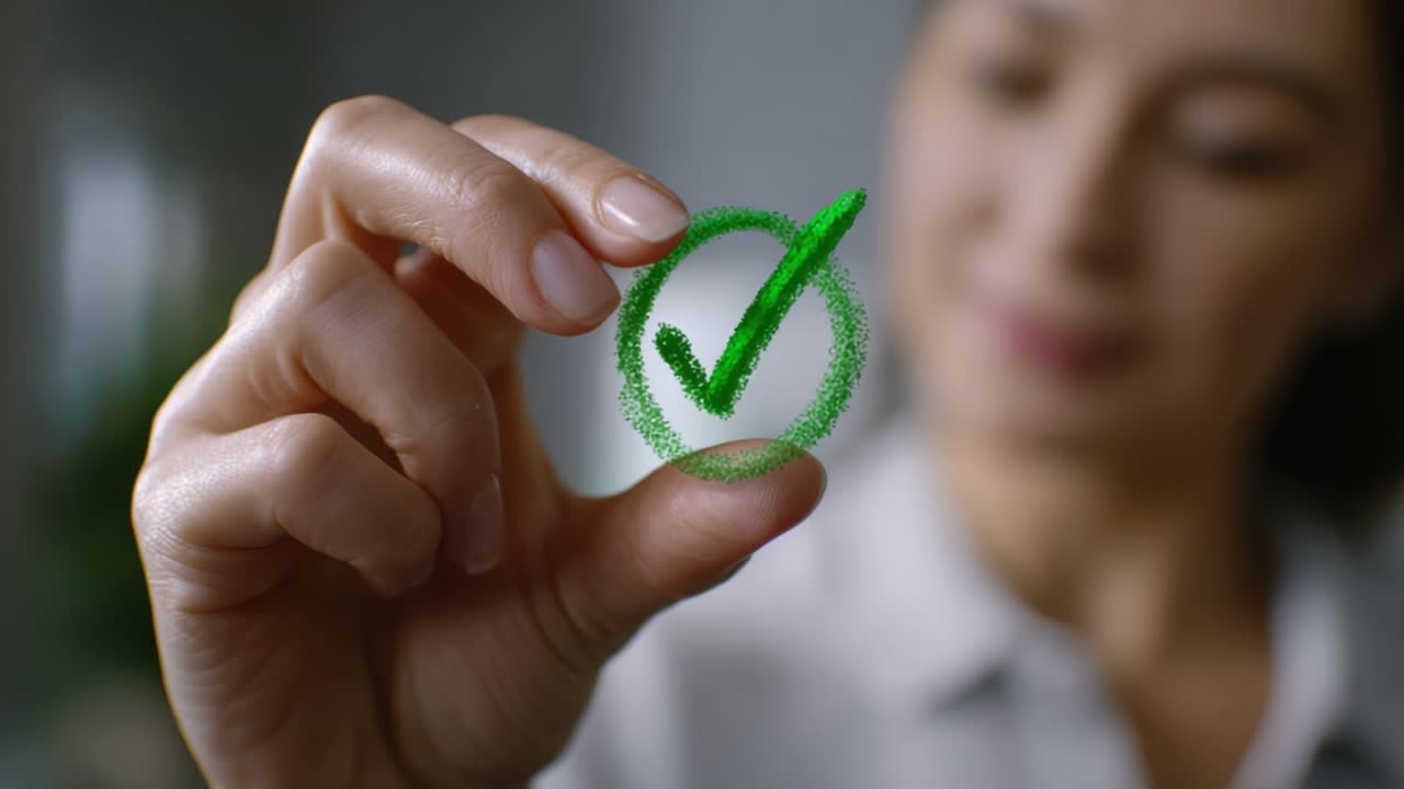 A confident individual marks a green check symbol, symbolizing approval and accomplishment, emphasizing a sense of achievement and positivity in a modern environment