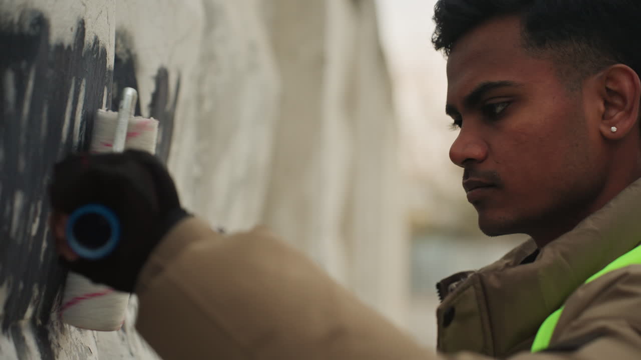 South asian man concentrating on wall repair with small roller, closeup profile shows focused expression reflective vest, gloved hand smoothing paint, urban restoration scene with detailed surface